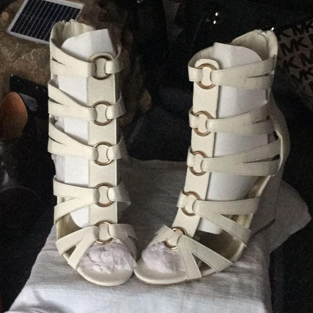 White Gladiator Heels with Gold Accents